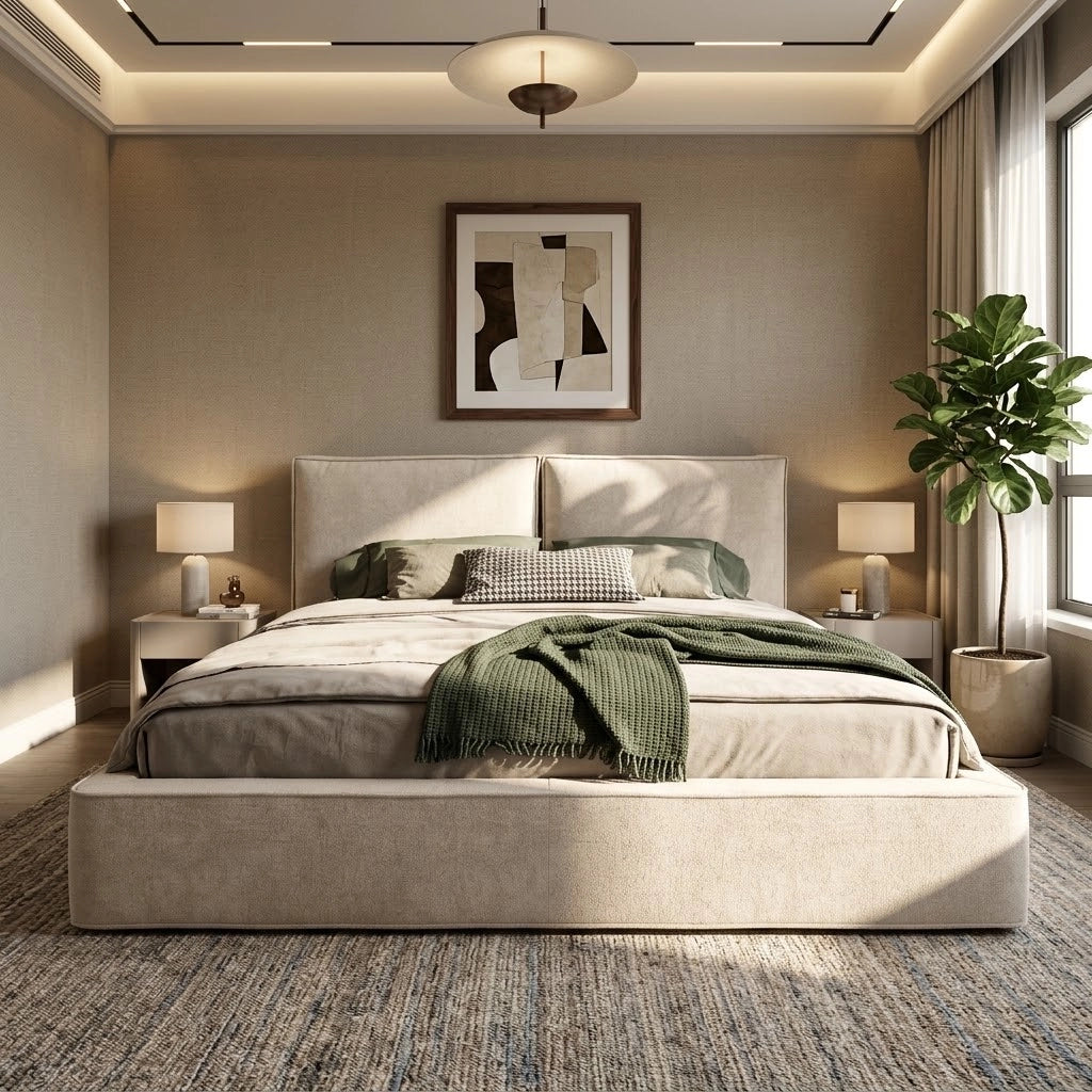 Letto Imbottito Matrimoniale con Materasso ¨C MINIMAL ¨C Contenitore Idraulico, Testiera, Beige, 180x200