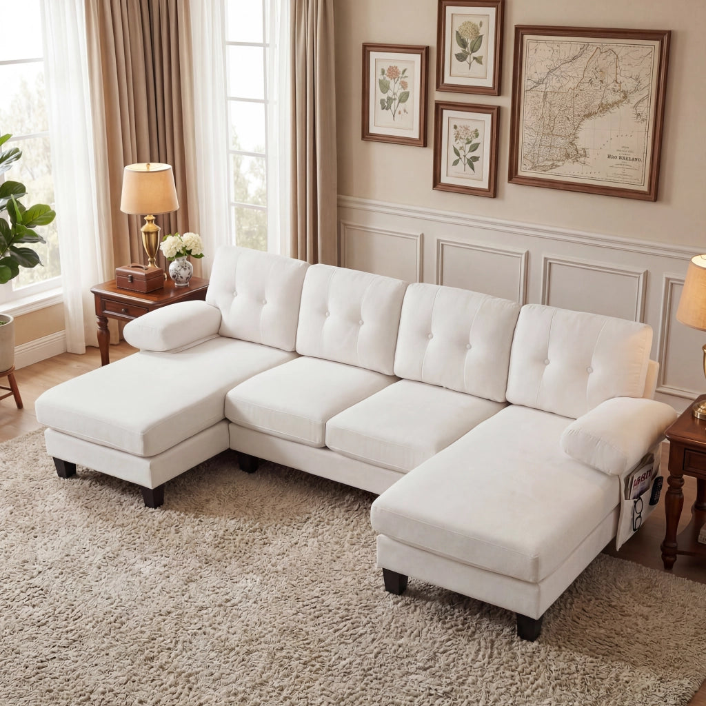 Divano a U con chaise longue bilaterale, tasche laterali e braccioli removibili in chenille beige 268 × 128 × 84 cm