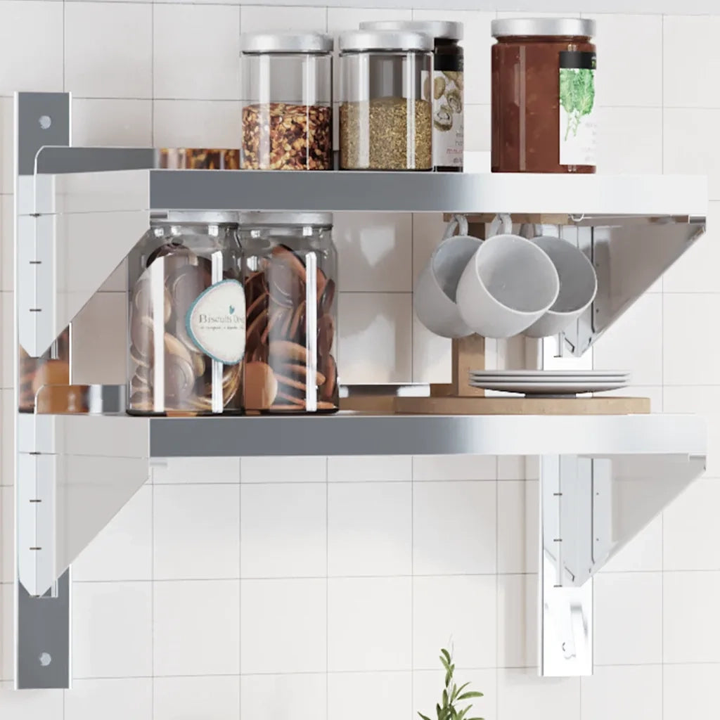 Mensola a Muro 2 Ripiani 50x23,5x48cm Argento in Acciaio Inox