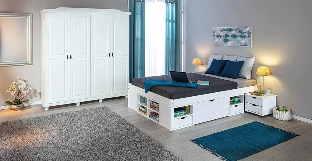 ARMADIO ISNY 4 ANTE CON RIPIANI 182x60x198H PINO MASSELLO VERNICIATO AD ACQUA BIANCO