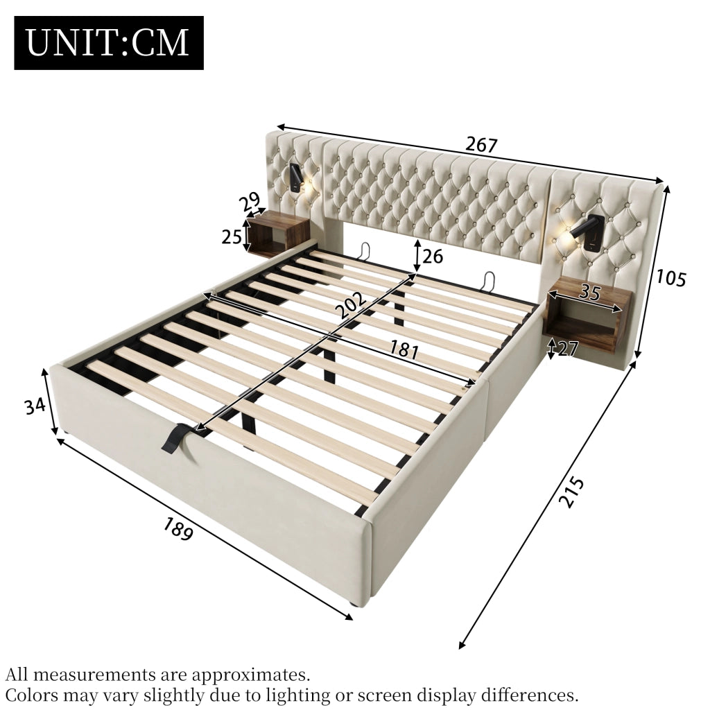 Letto imbottito con contenitore idraulico; 2 comodini; testiera con luci da lettura e porte USB; velluto beige; 180x200 cm; senza materasso