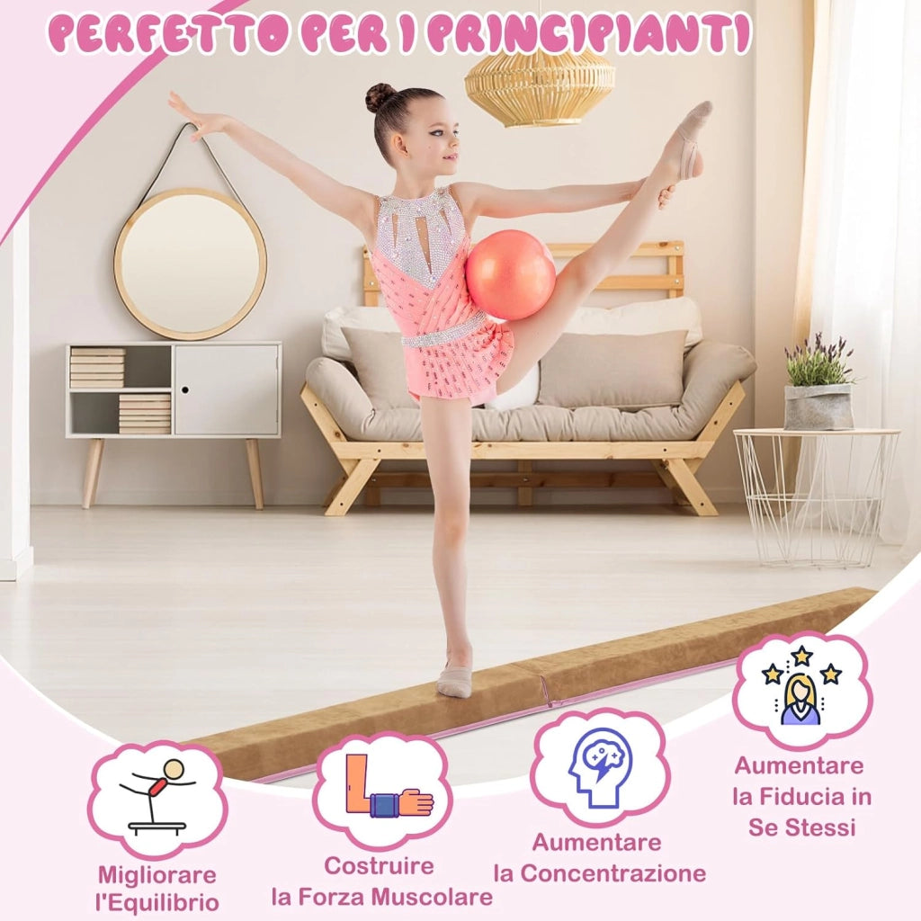 Trave da Ginnastica per Bambini Pieghevole 240 cm, Trave di Equilibrio Portatile conSuperficie in Pelle Scamosciata e Schiuma Morbida, Attrezzatura per Ginnastica a Casa