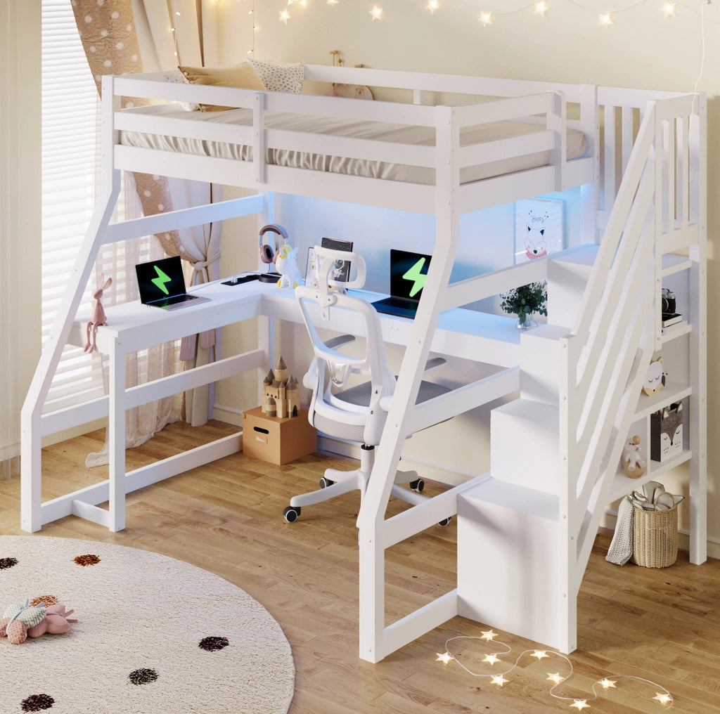 Letto a soppalco 90x200 cm con scrivania; LED e scala contenitore in MDF; pino e compensato bianco