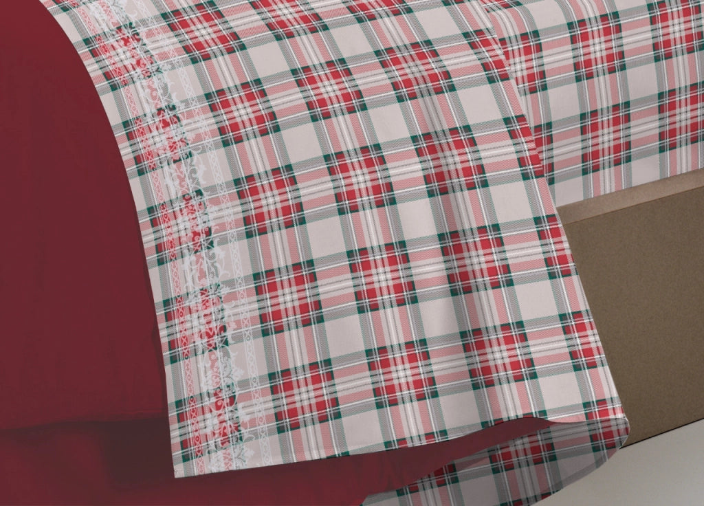 Completo Lenzuola Flanella Pensieri Delicati 100% Cotone Disegno Orsetto Tartan - Piazza E Mezza - Rosso