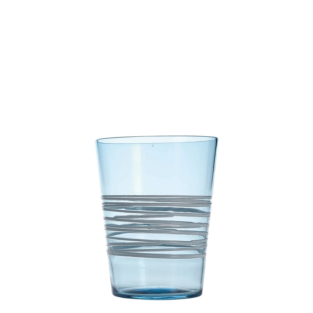 Set 6 Bicchieri Tumbler Filante in Vetro Colorato Acquamarina con Decorazione a Fili Bianchi Applicati a Mano, Design Elegante e Resistente