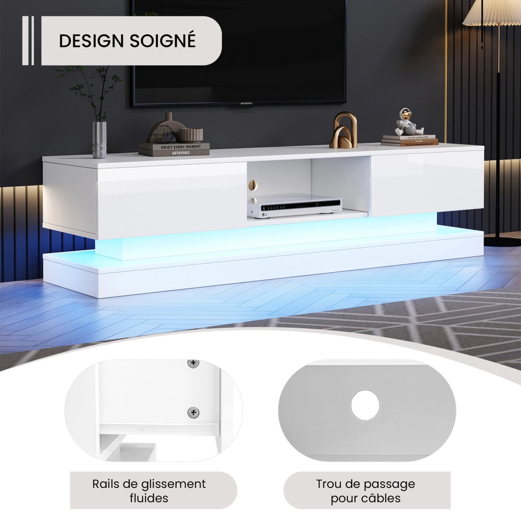 Mobile TV con 2 Cassetti e LED con Controllo tramite App; Passacavi; per Soggiorno; 160 × 35 × 40.5 cm