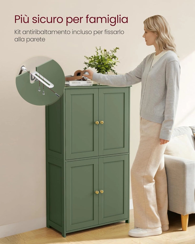 VASAGLE Mobiletto da Bagno, Armadietto con 2 Ripiani Regolabili, Portaoggetti con 4 Ante, Unità Alta Autoportante, per Cucina, Verde Foresta BBC553CH01