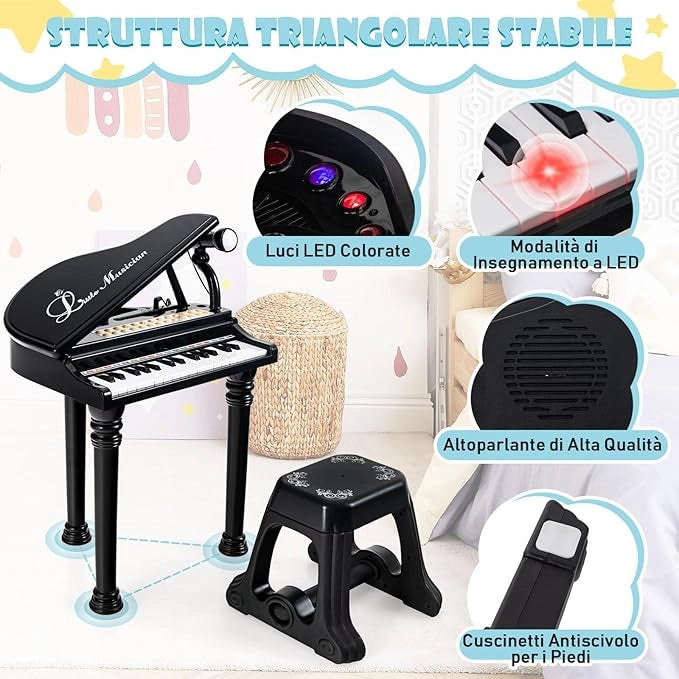 Tastiera Pianoforte a 31 Tasti con Microfono e Sgabello, Pianoforte Giocattolo Portatile con Modalità di Insegnamento a LED, Pianoforte a Coda per Bambini 3+ Anni (Nero), 35 x 30 x 55 cm