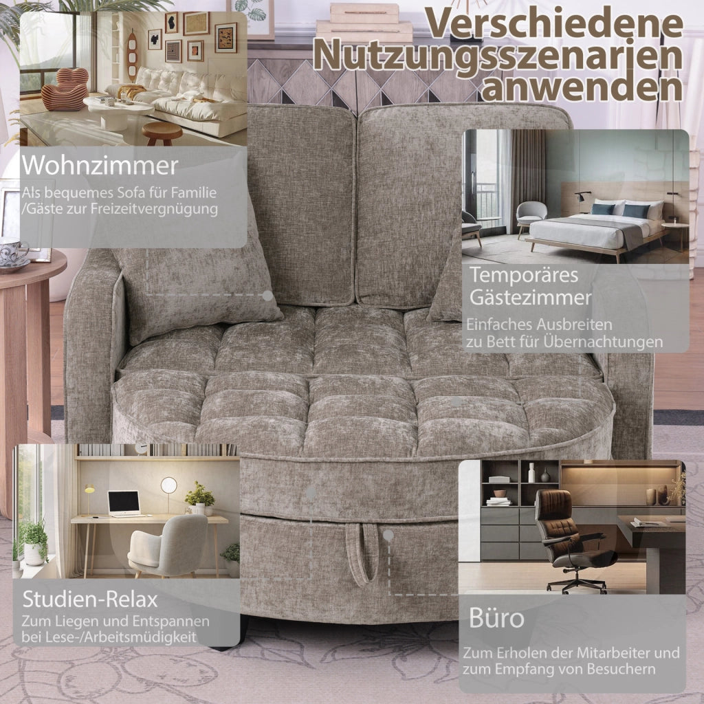 Divano letto convertibile 2-in-1 con pouf contenitore; tessuto traspirante; eucalipto; marrone; 132 Ã— 129 Ã— 93 cm