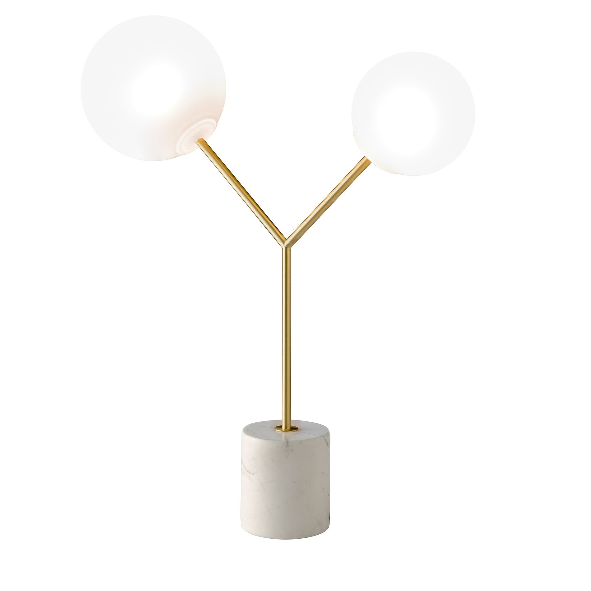 Lampada da tavolo in marmo bianco, acciaio dorato e vetro bianco