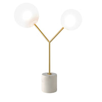 Lampada da tavolo in marmo bianco, acciaio dorato e vetro bianco