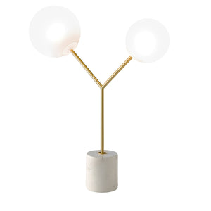 Lampada da tavolo in marmo bianco, acciaio dorato e vetro bianco