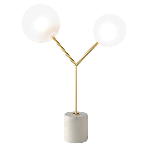 Lampada da tavolo in marmo bianco, acciaio dorato e vetro bianco