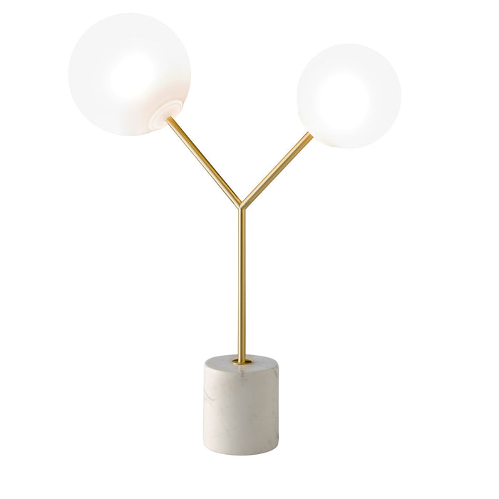 Lampada da tavolo in marmo bianco, acciaio dorato e vetro bianco