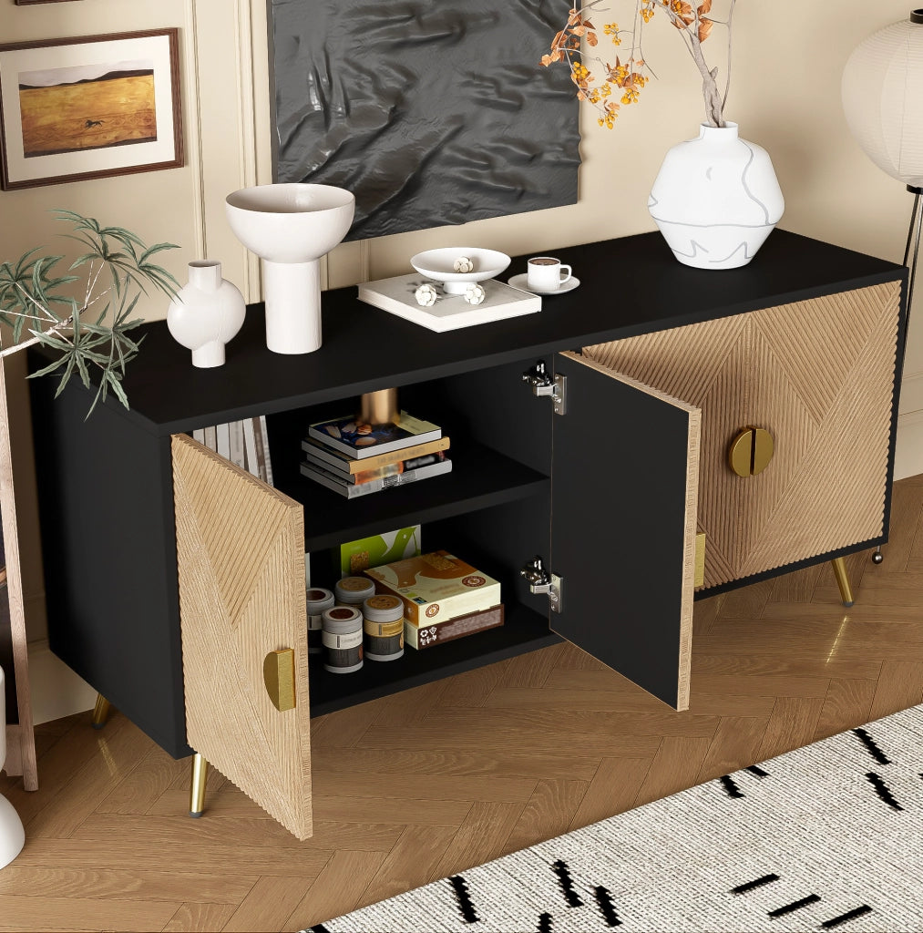 Credenza 160 cm a 4 ante nera effetto legno con dettagli oro