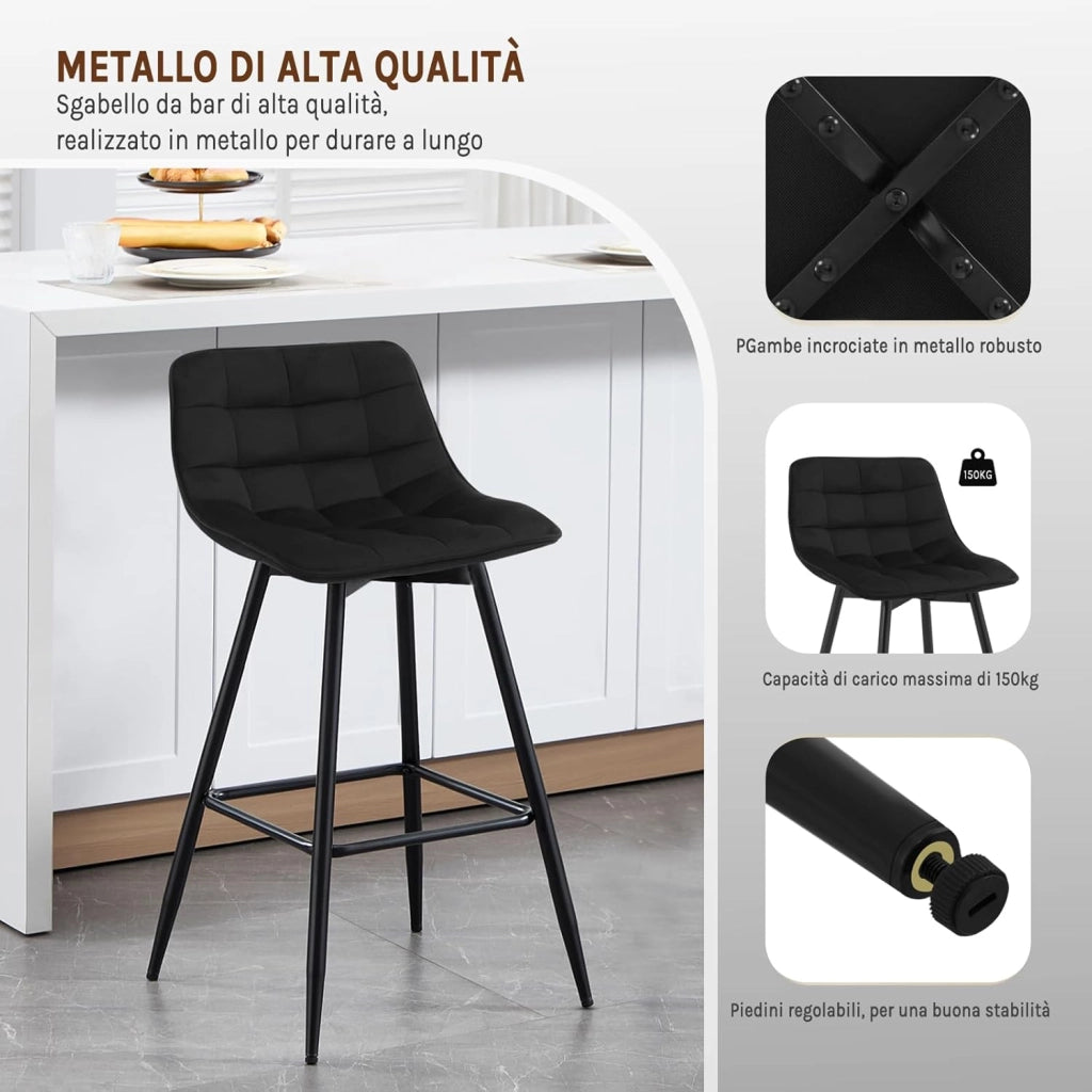4X Sgabelli da Bar Moderni Sedia da Cucina Pranzo con Poggiapiedi Rivestimento in Velluto Nero