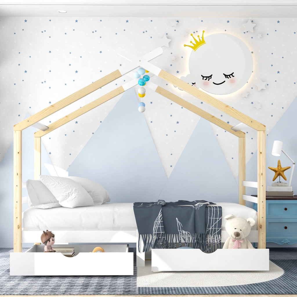 Letto a casetta per bambini con cassetti e rete a doghe
