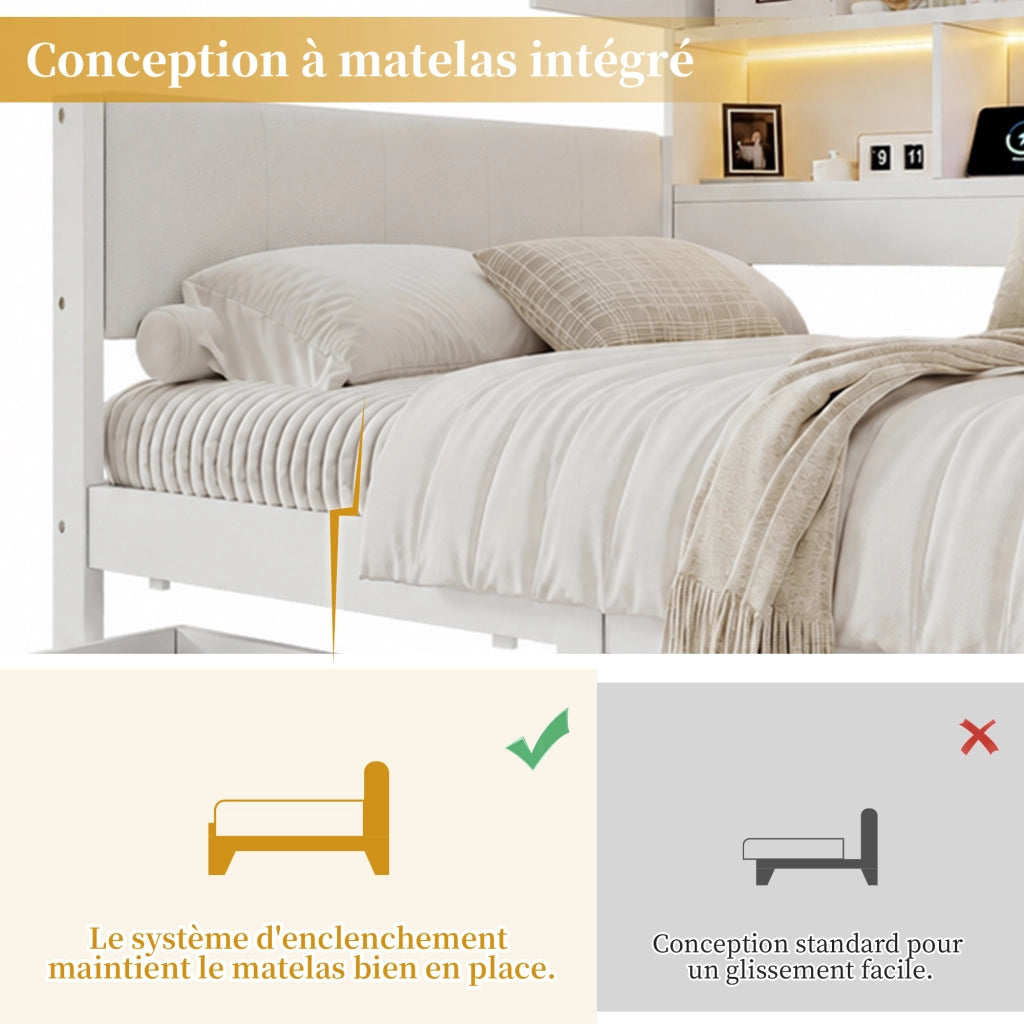 Letto per bambini 90x200 cm con LED e USB, letto a divano a L con testiera in PU, cassetti contenitore, ripiani e armadio, legno bianco