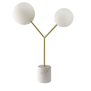 Lampada da tavolo in marmo bianco, acciaio dorato e vetro bianco