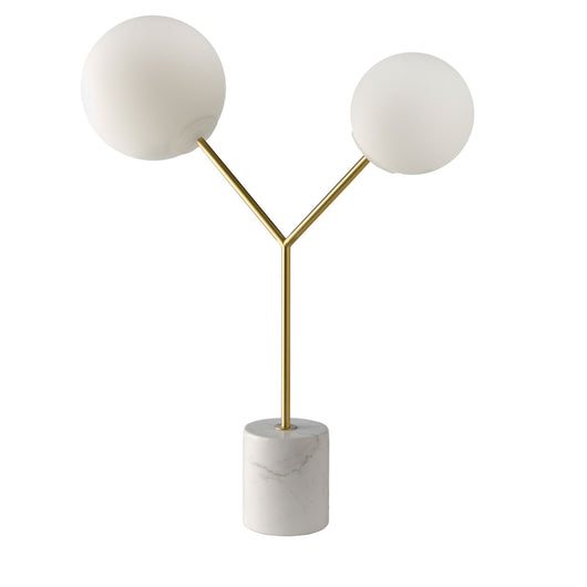 Lampada da tavolo in marmo bianco, acciaio dorato e vetro bianco