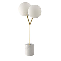 Lampada da tavolo in marmo bianco, acciaio dorato e vetro bianco
