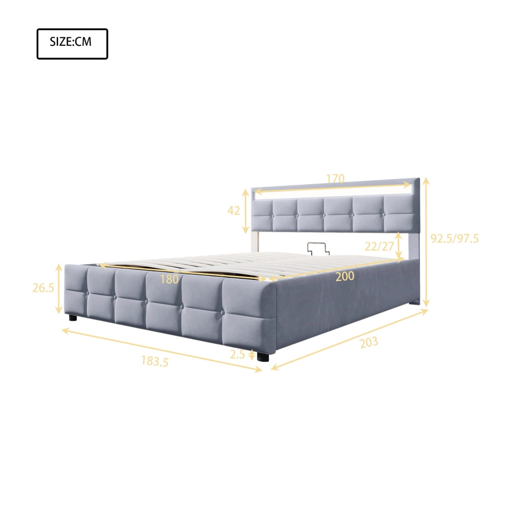 LETTO Imbottito 180x200 cm con LED, Sollevamento Idraulico, Velluto Grigio