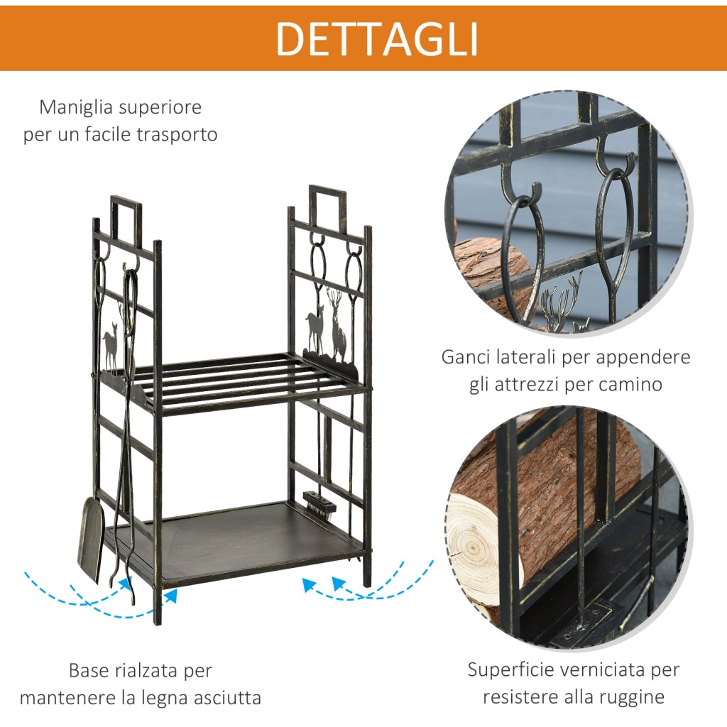 Portalegna in Ferro Battuto con Attrezzi per Camino, Manici e Base Rialzata, 51.5x33x77cm, Nero