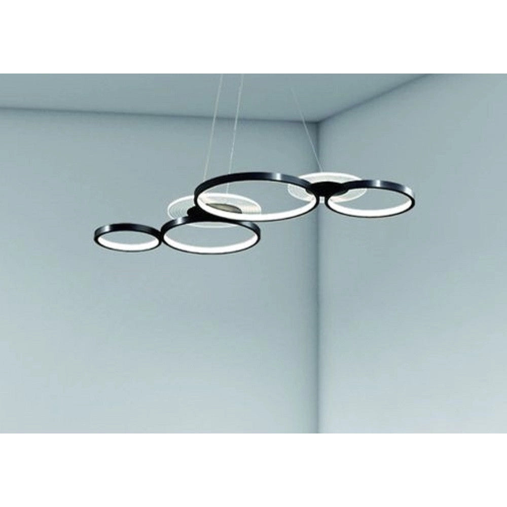 Trade Shop - Lampadario A Sospensione Led Nero 65w 6 Anelli Luminosi Moderno Con Telecomando 71415 -