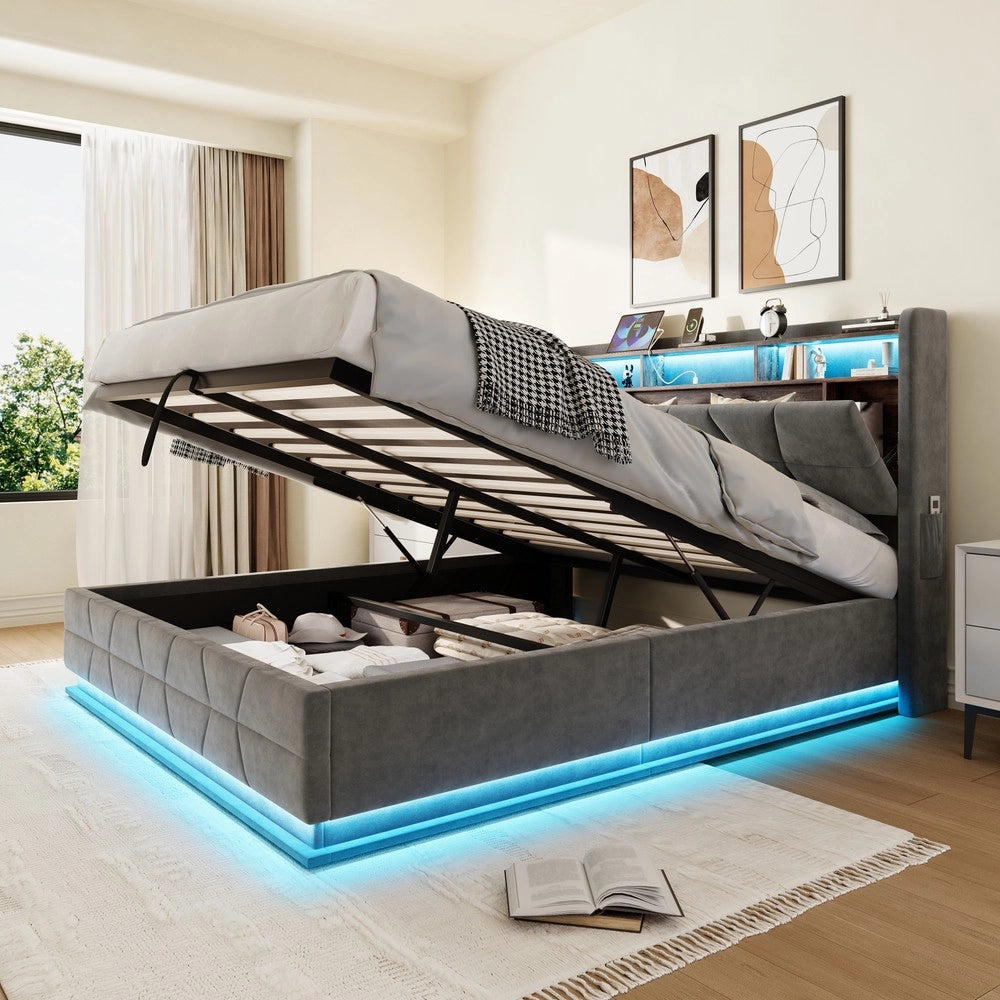 Letto con LED, Testiera Contenitore, USB e Doghe ¨C MINIMAL ¨C Grigio Scuro 160x200