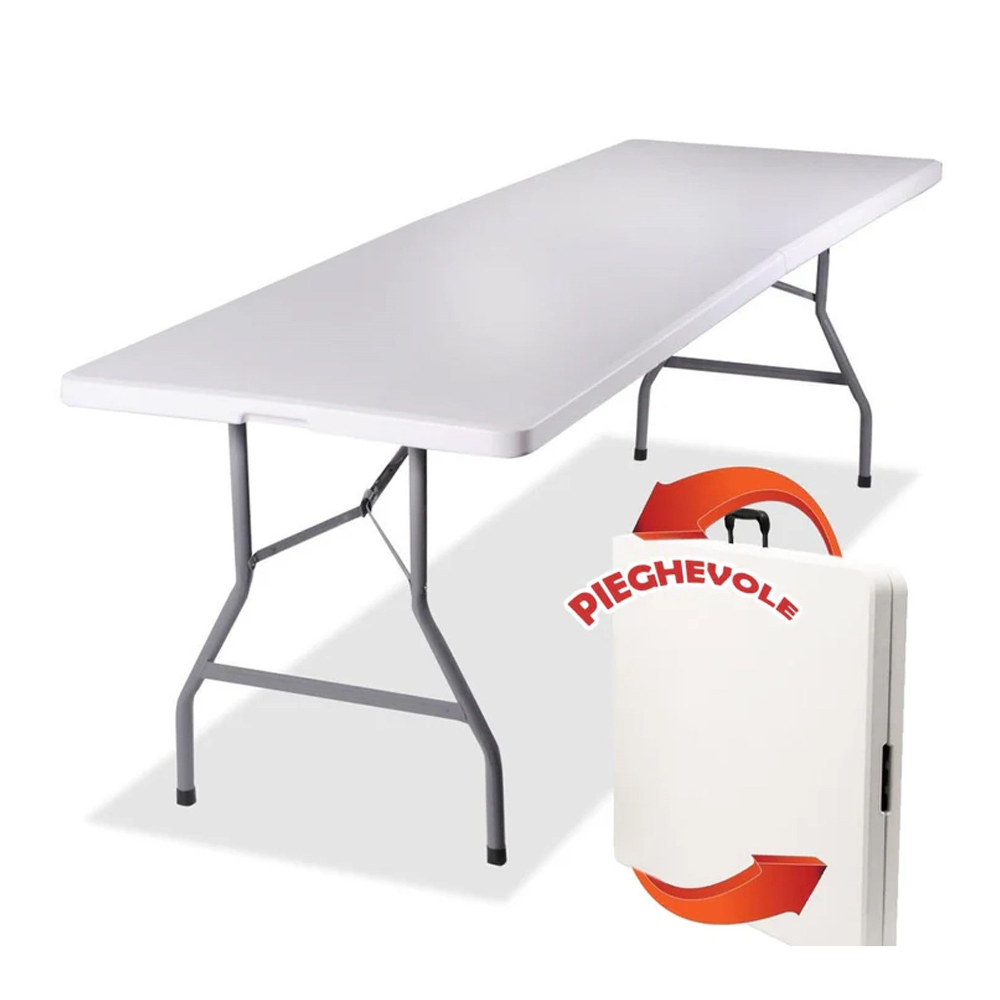 Tavolo Pieghevole in Resina 244x76x72cm Metallo Richiudibile a Valigetta Bianco