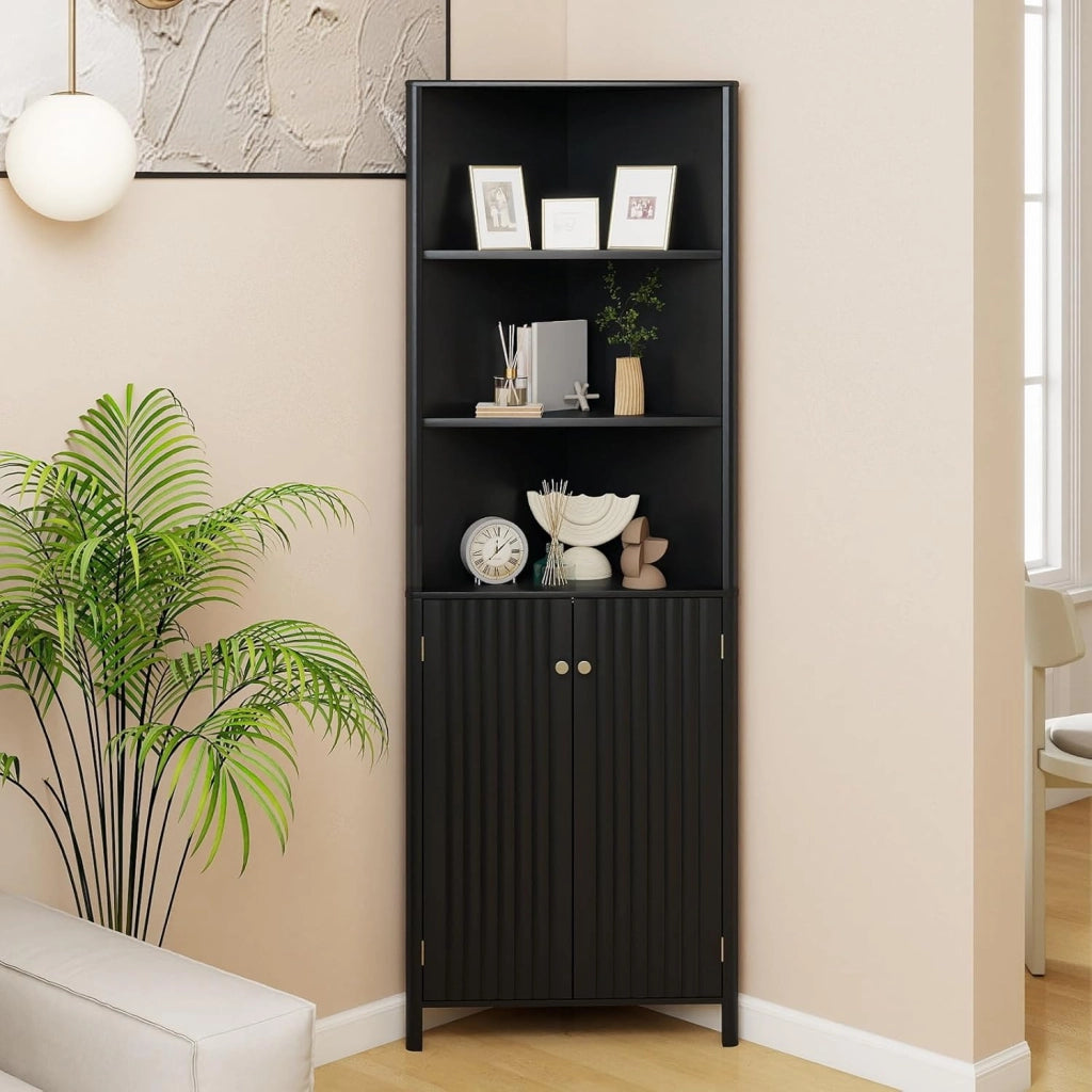 Armadio ad angolo alto, mobile da bagno con 3 ripiani aperti e 2 ante, ripiano inferiore regolabile, kit antiribaltamento, 58 x 32 x 172,5 cm, organizer per soggiorno, camera da letto (nero)