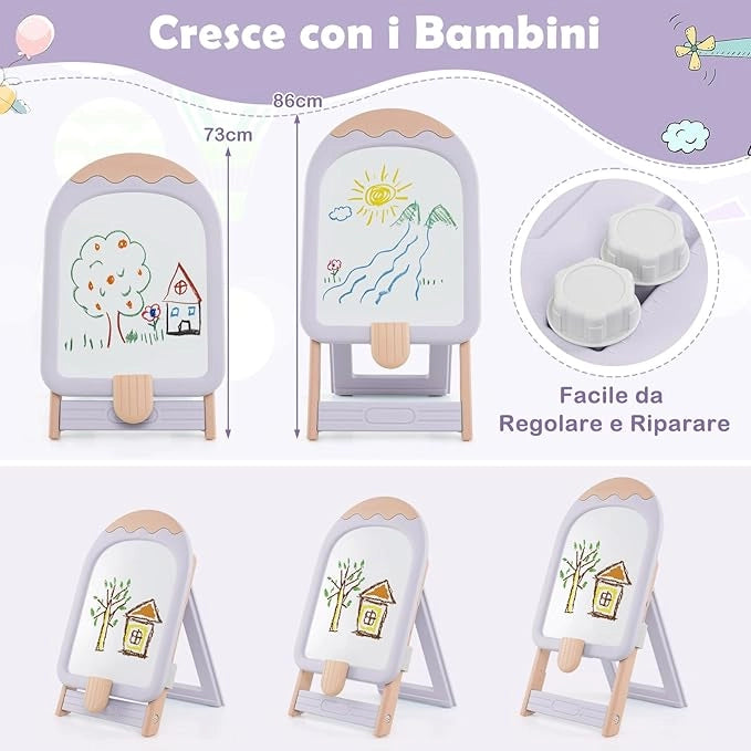 Lavagna Cancellabile con Sedia per Bambini, Set Tavolo e Sedie per Bambini con Scatola Portaoggetti, Piedini Antiscivolo, Cancellino e Pennarelli, Cavalletto per Cameretta (Rosa)