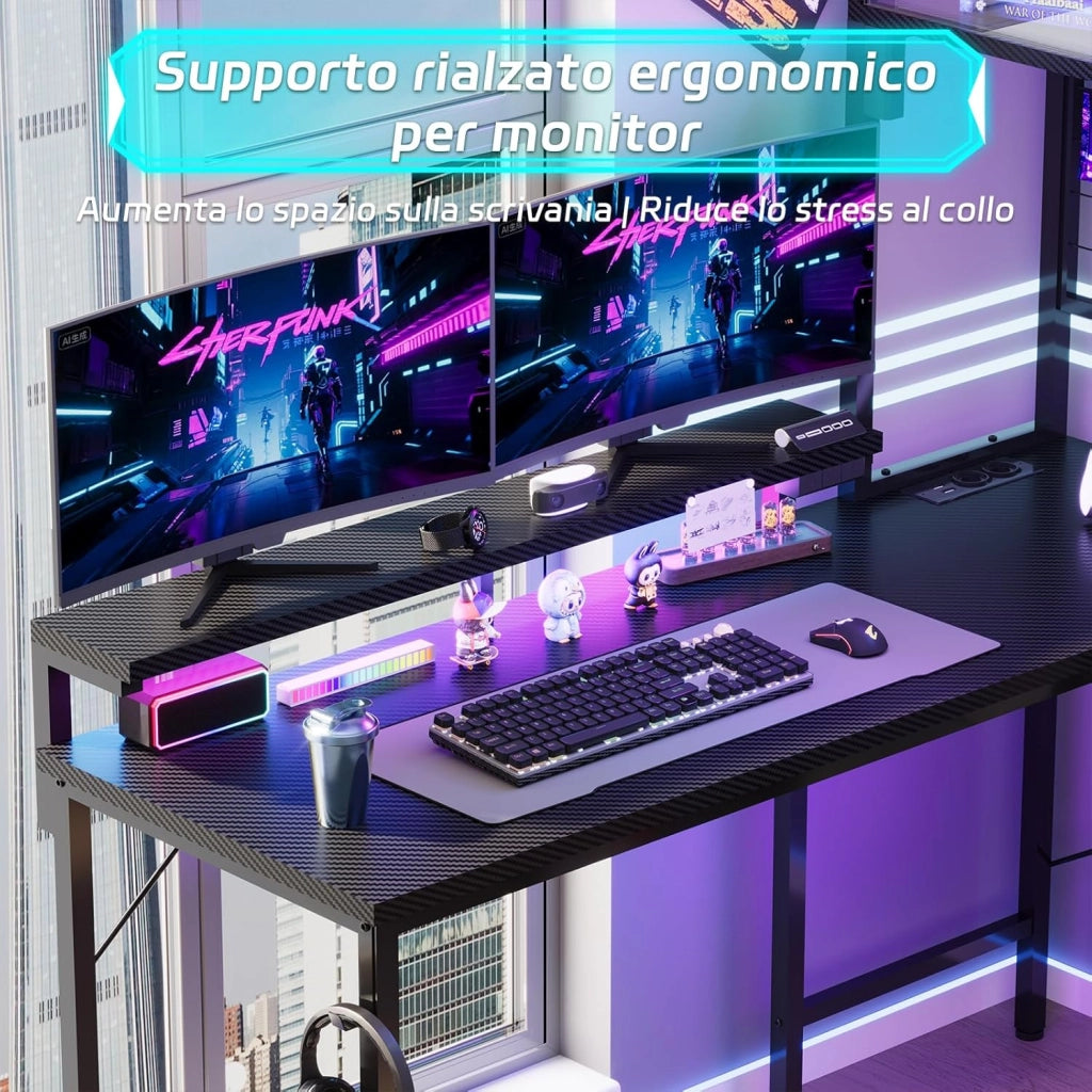 Scrivania Gaming con Luci LED e Presa Elettrica, 115_x_90_cm Scrivania Angolare a L con Mensola, Pannello a Griglia, 3 Cassetti e Supporto Monitor per Giocatori, Nero