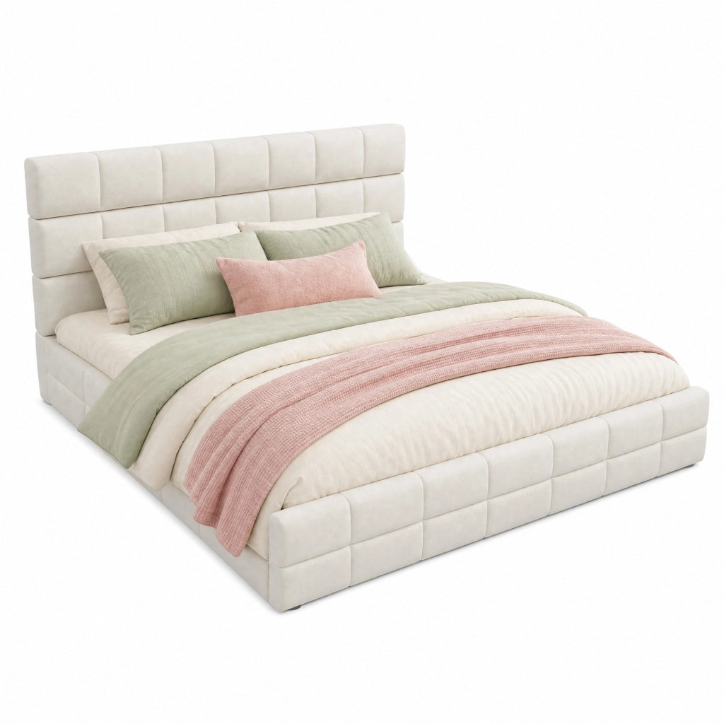 Letto piattaforma imbottito 180x200 cm in velluto beige con testiera