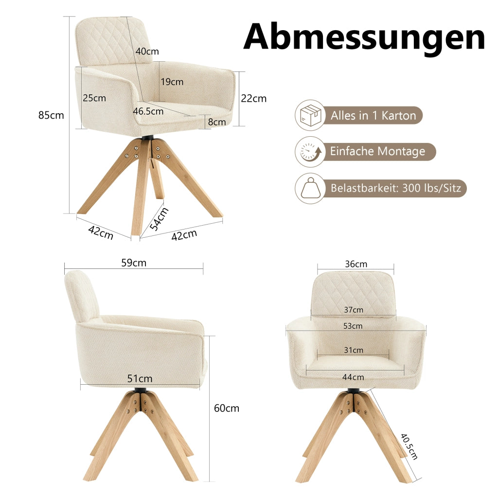 Sedia da Pranzo Set da 2 Girevole a 360° con Braccioli e Gambe in Legno Massello in Tessuto Bianco e Legno