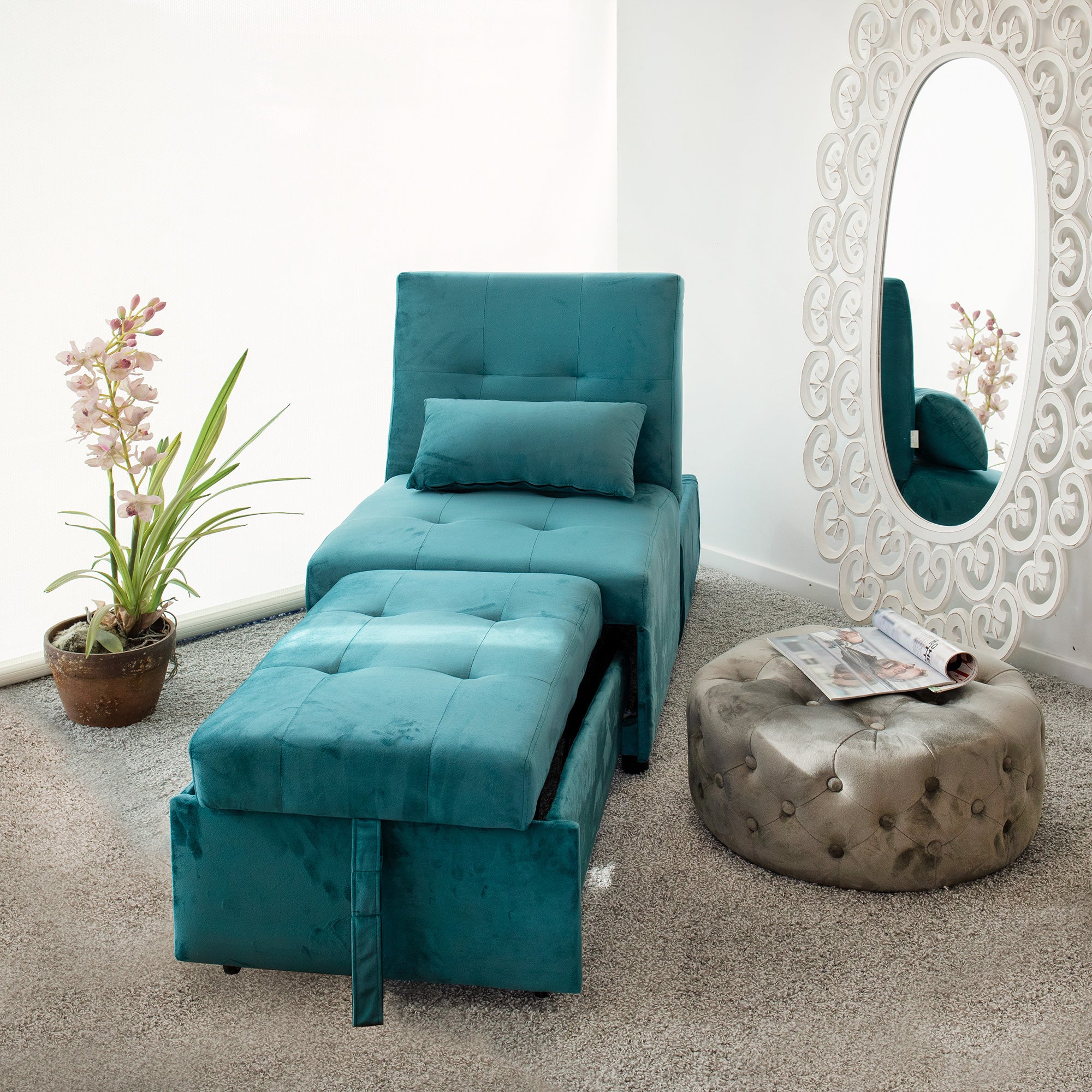 Poltrona Pouf Chaise Longue Nuit Velluto Petrolio