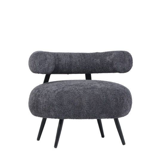 Poltrona Bassa Da Salotto,Teddy, In Tessuto Bouclè Grigio, Struttura Nera.