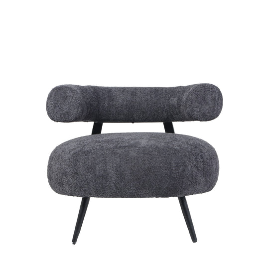 Poltrona Bassa Da Salotto,Teddy, In Tessuto Bouclè Grigio, Struttura Nera.