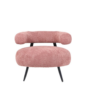 Poltrona Bassa Da Salotto,Teddy, In Tessuto Bouclè Rosa, Struttura Nera.