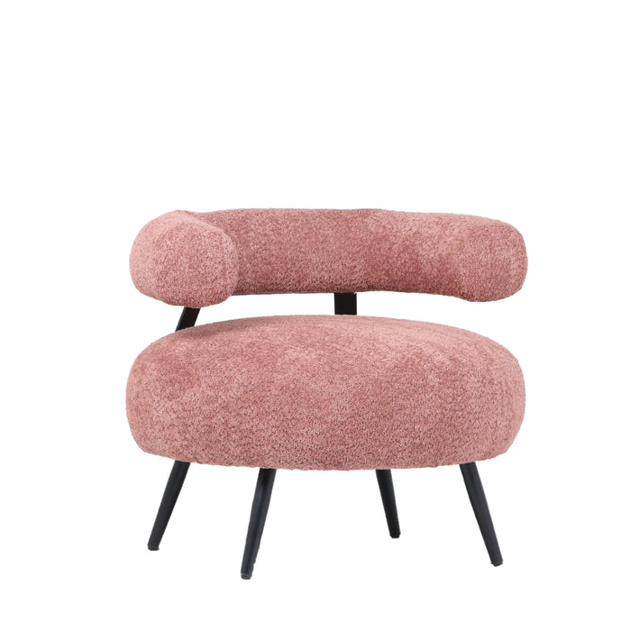 Poltrona Bassa Da Salotto,Teddy, In Tessuto Bouclè Rosa, Struttura Nera.