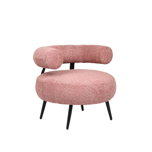 Poltrona Bassa Da Salotto,Teddy, In Tessuto Bouclè Rosa, Struttura Nera.
