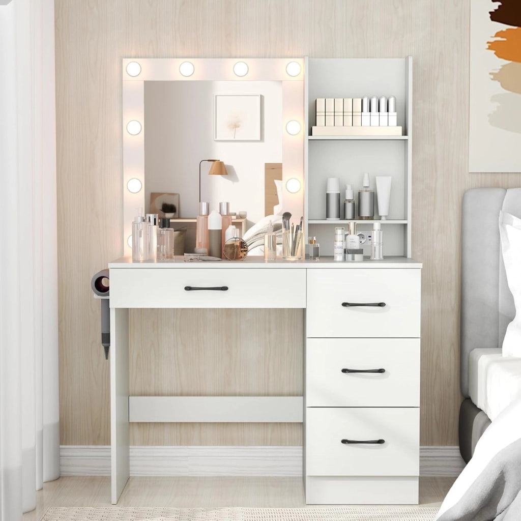 Tavolo da vanit¨¤ con specchio e luci, Tavolo da trucco con stazione di ricarica luci led Bianco-Tavoli da trucco
