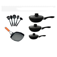 Set Batteria 12 Pz Nera Con 3 Padelle Bistecchiera E Utensili Da Cucina