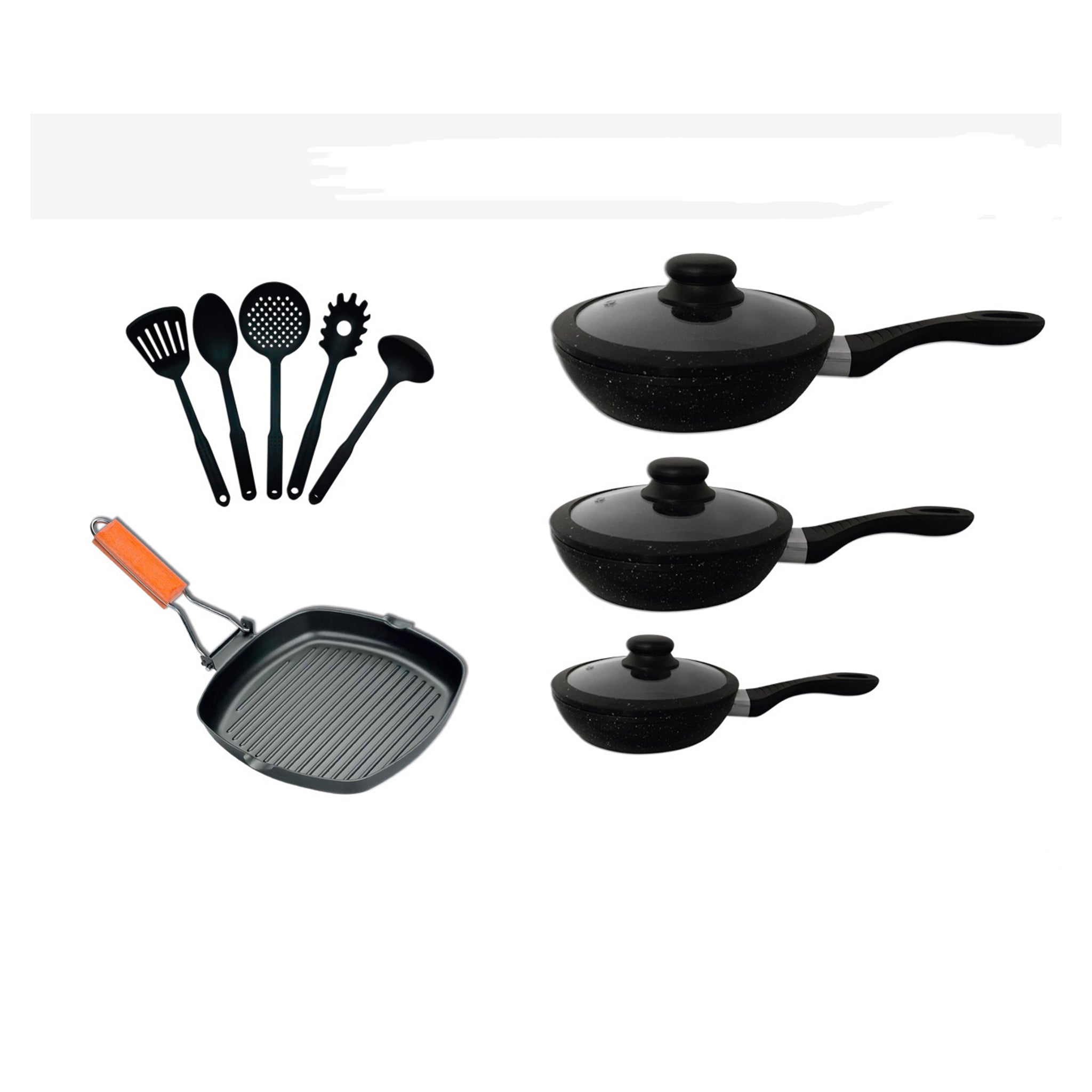 Set Batteria 12 Pz Nera Con 3 Padelle Bistecchiera E Utensili Da Cucina