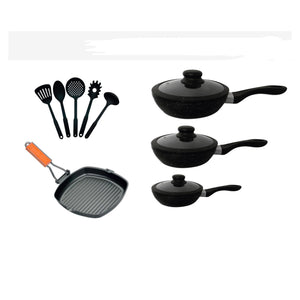 Set Batteria 12 Pz Nera Con 3 Padelle Bistecchiera E Utensili Da Cucina