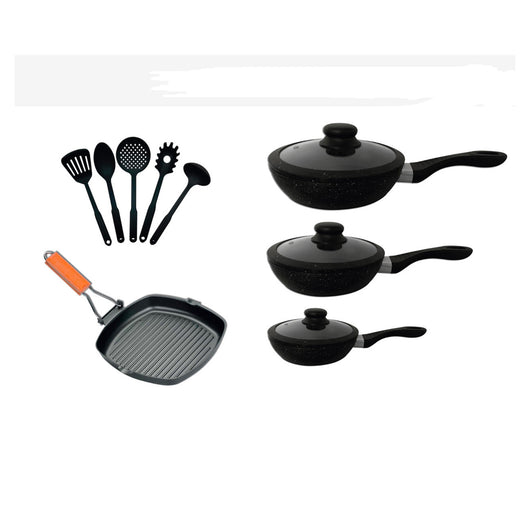 Set Batteria 12 Pz Nera Con 3 Padelle Bistecchiera E Utensili Da Cucina