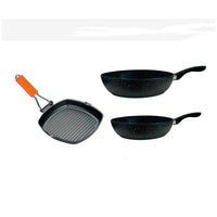 Set Batteria 3 Pz Nera Con 2 Padelle E Bistecchiera