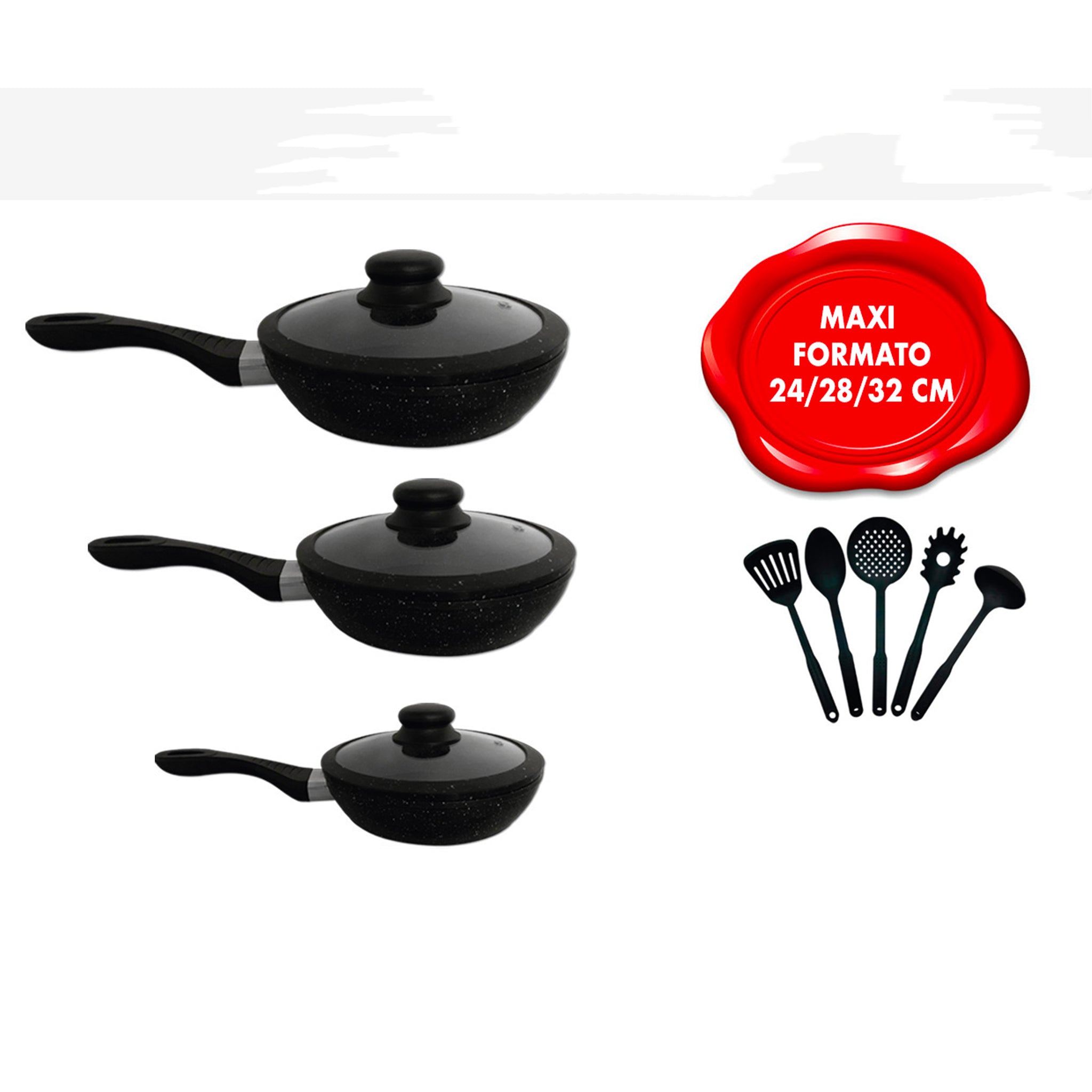 Set Batteria 11 Pz Nera Con 3 Padelle  E Utensili Da Cucina Maxi Formato