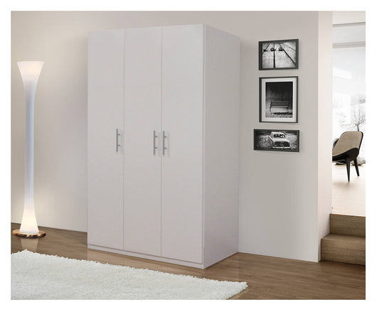 Guardaroba 0, Armadio moderno ad ante battenti, Mobile lineare da camera con tubo appendiabiti e ripiani, color Bianco opaco, Cm 135x55h202, 3 Ante