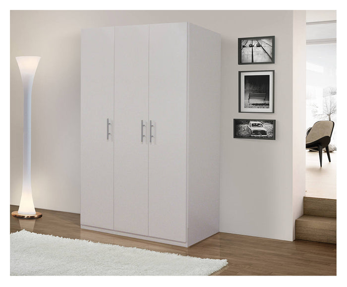 Guardaroba 0, Armadio moderno ad ante battenti, Mobile lineare da camera con tubo appendiabiti e ripiani, color Bianco opaco, Cm 135x55h202, 3 Ante